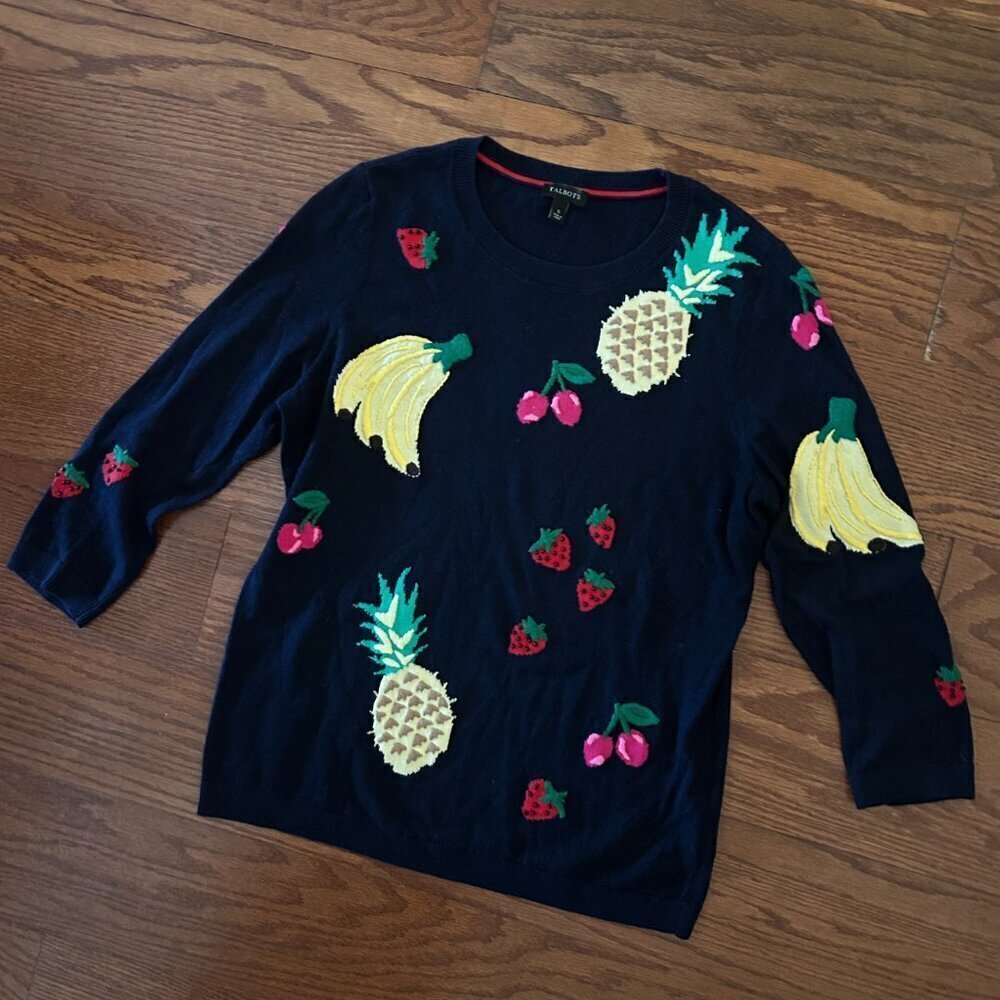 Talbots Women's Navy Blue Embroidered Fruit Knit Pullover Sweater Size Small - Picture 7 of 12